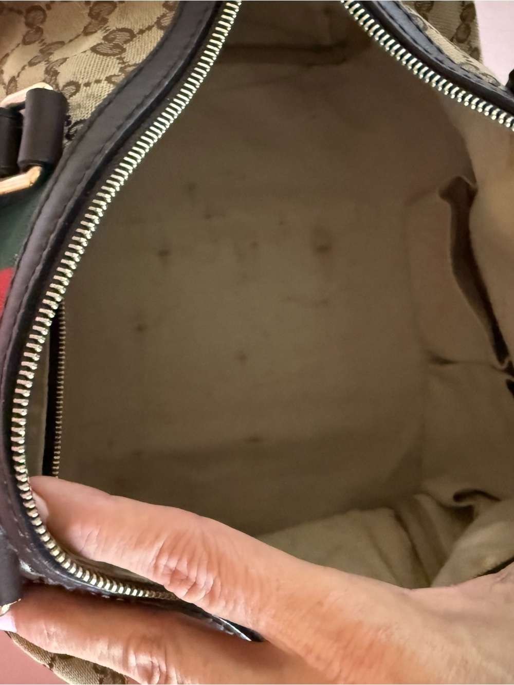 💯Auth! GUCCI Mono Canvas Boston Bag Green & Red Web Sherry Stripe Gold Hardware - Picture 12 of 17